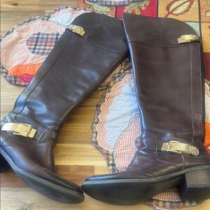 Vince Camuto Brown Leather knee high Riding Boots with Gold Accents. Size 8